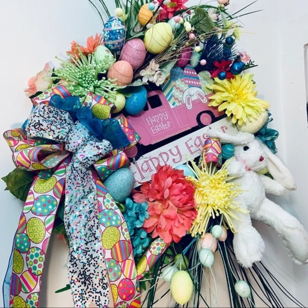 New Designer Floral Easter Lush Bunny Pick Up Truck Spring Door Wall Wreath